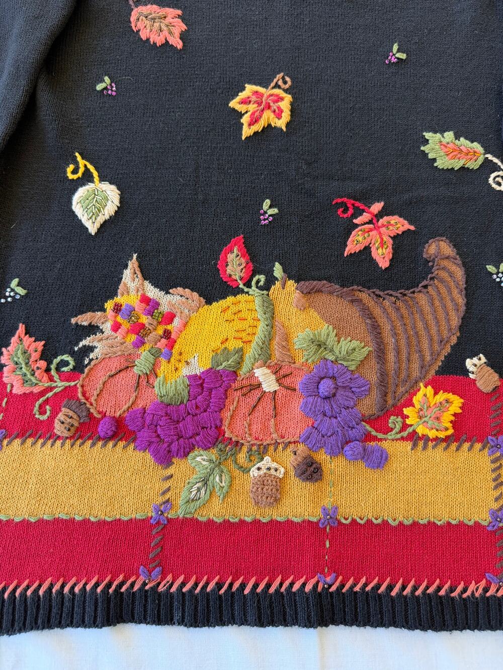 VTG 90s Arriviste Thanksgiving Cornucopia Beaded Sweater Tunic Ramie Cotton M